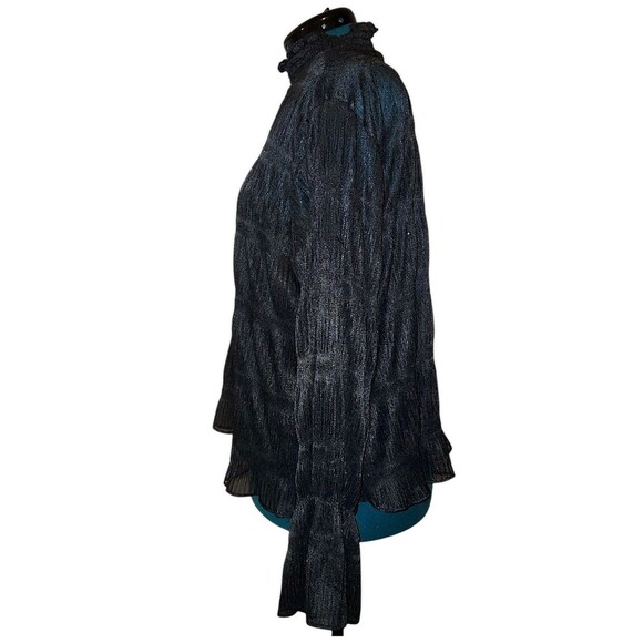 EXPRESS • Women’s Black Metallic Semi Sheer Mesh Ruffle Mock Neck Blouse Size XL - Picture 3 of 6